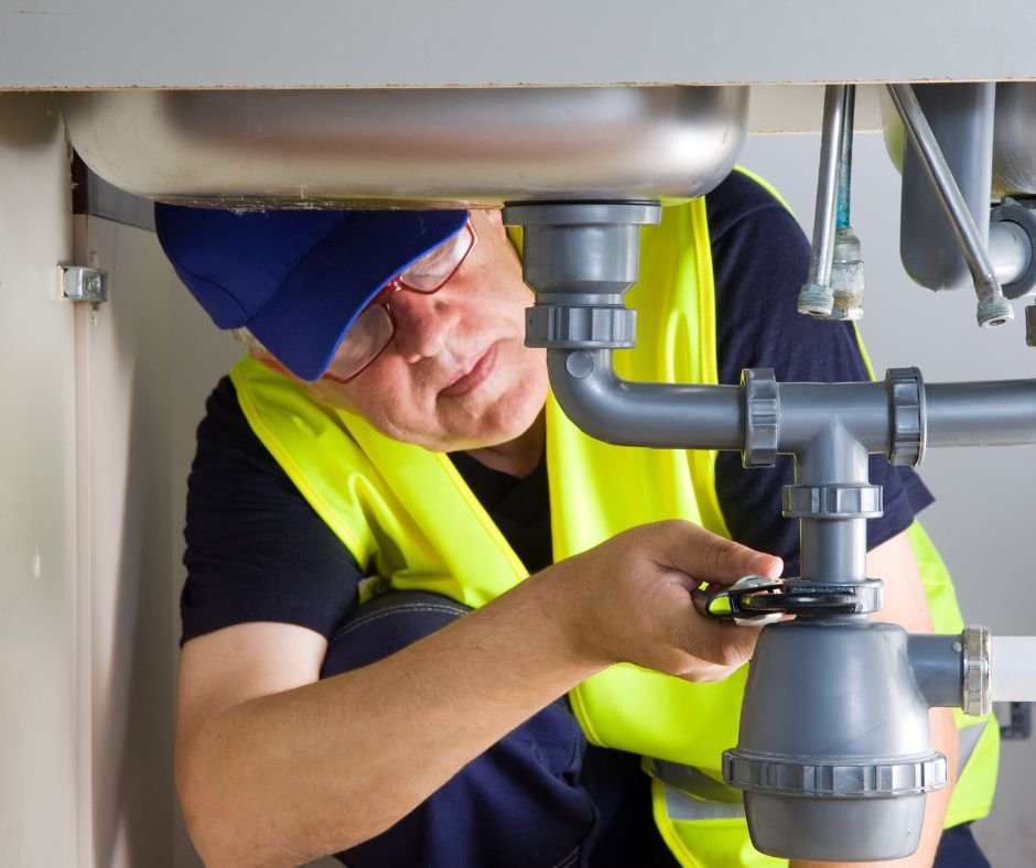 Vízszerelő munka közben a csöveknél